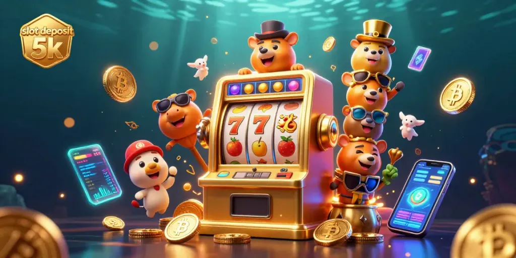 Experience the excitement of slot deposit 5k with vibrant illustrations of slot machines and crypto coins.