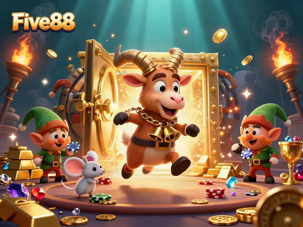 Experience the thrill of Five88 with a festive casino scene featuring unique characters and dazzling treasures.