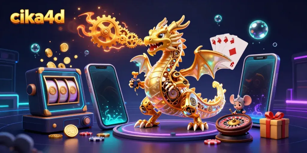 Experience thrilling gameplay in a vibrant cika4d casino illustration featuring a golden dragon and immersive gaming elements.