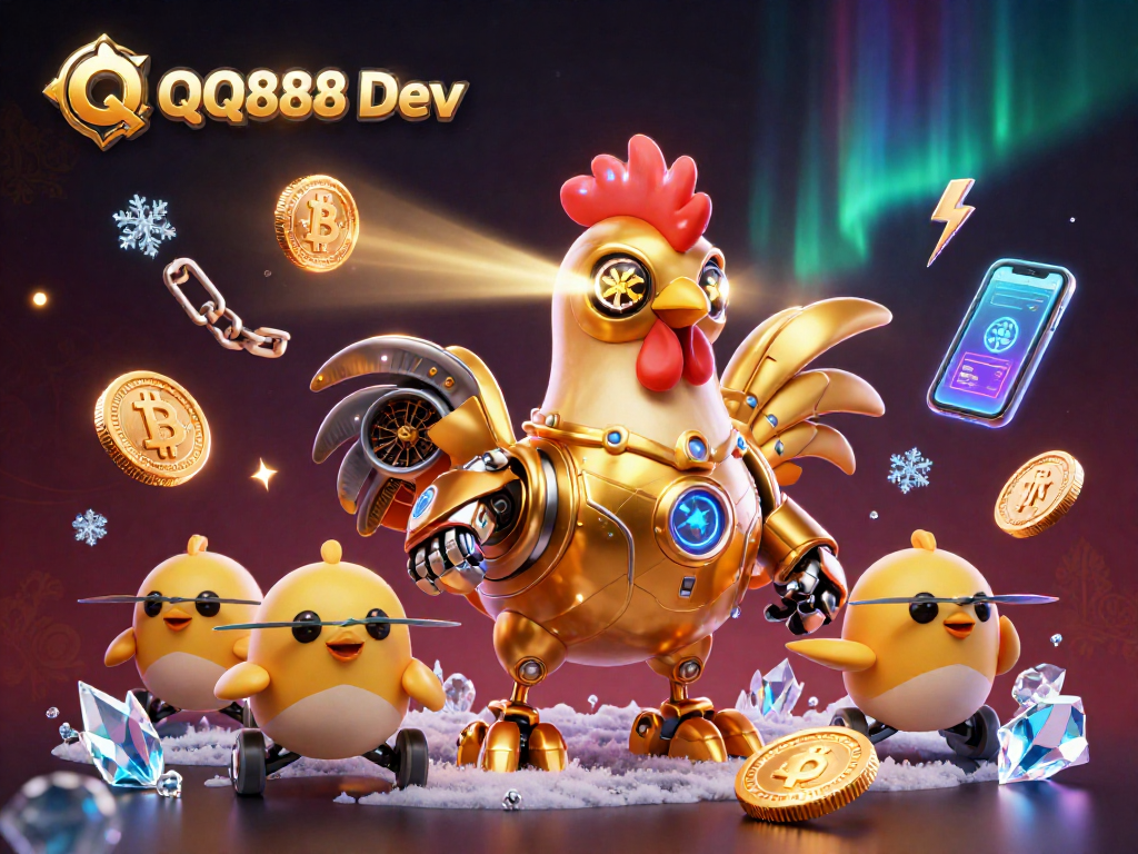 Engage with QQ888 Dev in this dynamic casino-themed 3D illustration featuring a futuristic rooster robot.