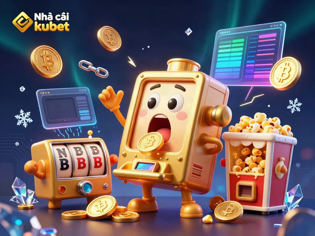 Experience the thrills of Nhà cái kubet with a golden slot machine celebrating a jackpot amidst dynamic casino elements.