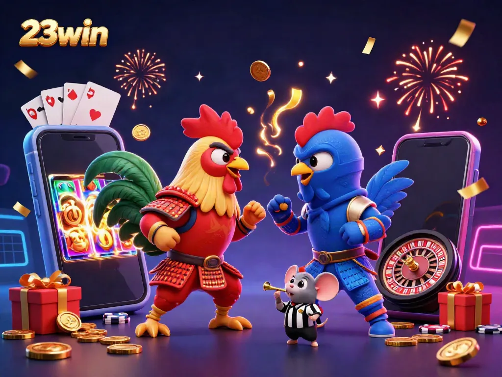 Engage with 23win's vibrant casino world featuring dynamic fighting roosters and thrilling games.