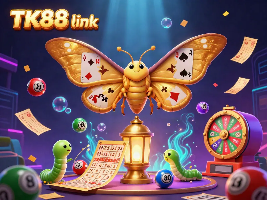 Engage with the TK88 link, featuring a captivating 3D casino scene with vibrant lottery elements.