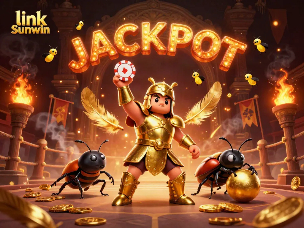 Join the fun at link Sunwin, where a victorious beetle celebrates a big win in this vibrant casino scene!
