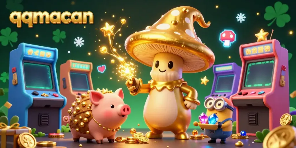 Experience thrilling gameplay with qqmacan's magical environment filled with vibrant arcade elements and characters.