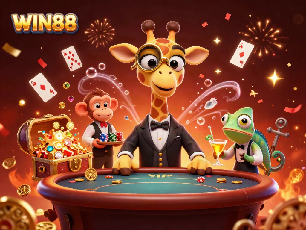 Delve into WIN88's vibrant casino world with a high-roller giraffe at a poker table.
