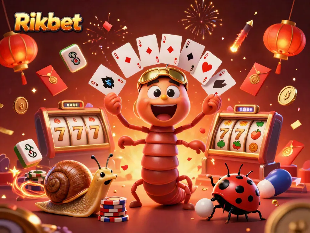 Engage with Rikbet's thrill through vibrant casino action featuring a fun millipede dealer and high-roller symbols.