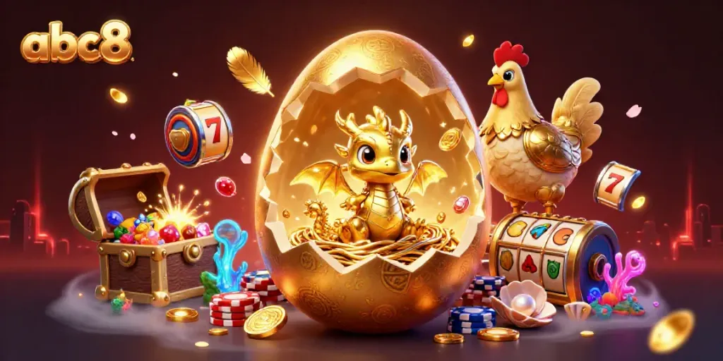 Experience abc8’s vibrant slot games with a golden dragon and poker chips in an extraordinary casino scene.