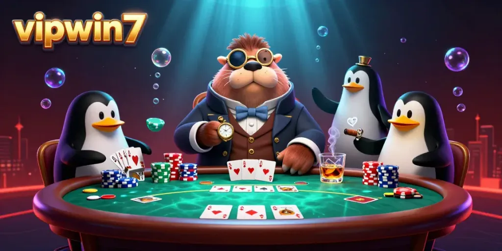 Engage with vipwin7's thrilling underwater poker scene featuring vibrant characters and dynamic gameplay.