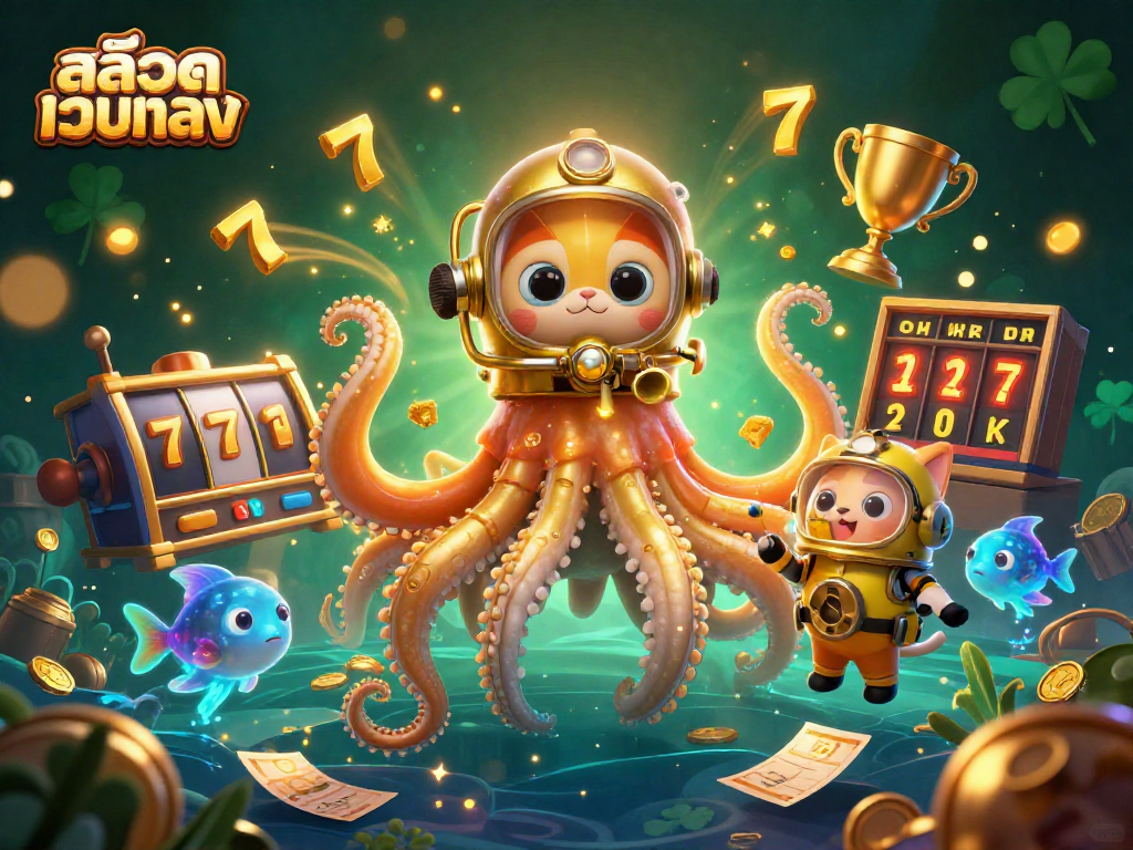 Play สล็อตเว็บตรง with a vibrant 3D scene featuring a kraken and diving cat among slot reels and shimmering coins.