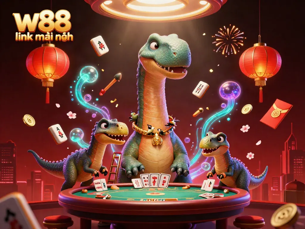 Engage with the thrilling w88 link mới nhất experience in a colorful casino scene featuring dynamic characters and festive decorations.