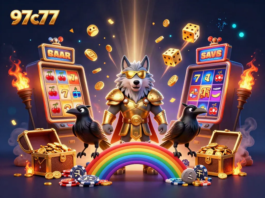 97c77 presents an Odin wolf, ravens, and casino elements in a vibrant 3D illustration.