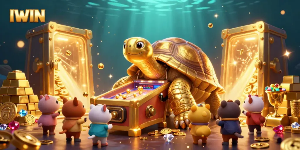 Engage with the IWIN pinball machine in a vibrant casino scene filled with treasure and excitement.