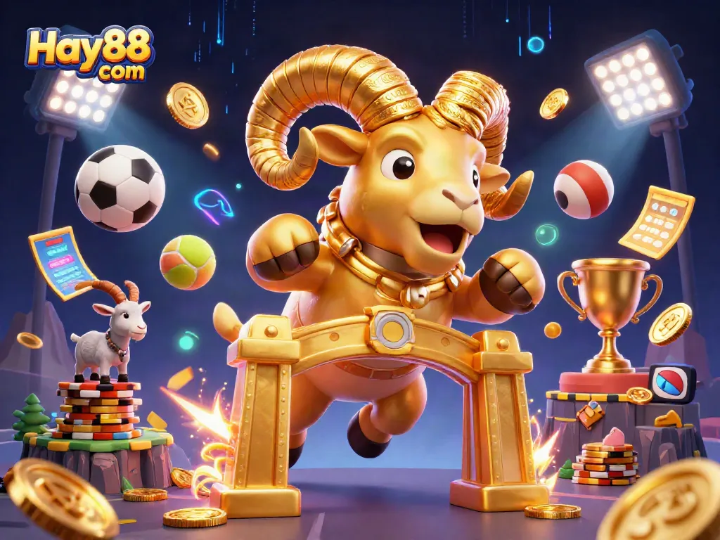 Engage in thrilling gaming at Hay88 com with a vibrant scene of a golden ram and lively sports elements.