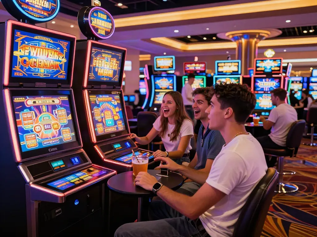 Exciting casino scene showcasing friends playing สล็อต with animated lights and a vibrant atmosphere.