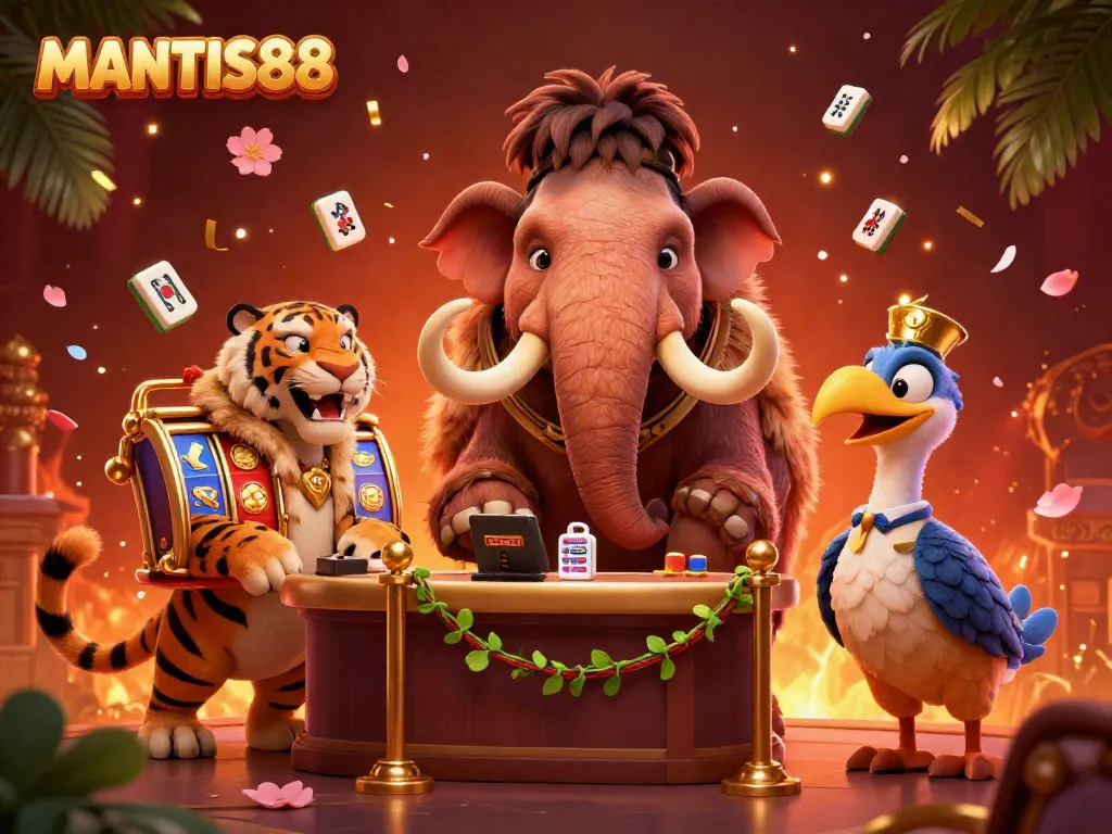 Witness MANTIS88's vibrant casino world with a woolly mammoth bouncer, a VIP saber-tooth tiger, and a dodo doorman.