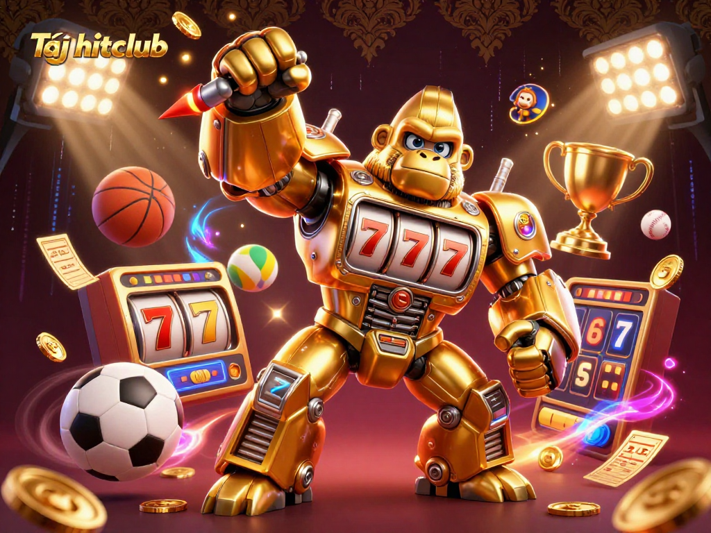 Experience the thrill of Tải hitclub with golden gorilla mechs and dynamic slot elements in an action-packed scene.