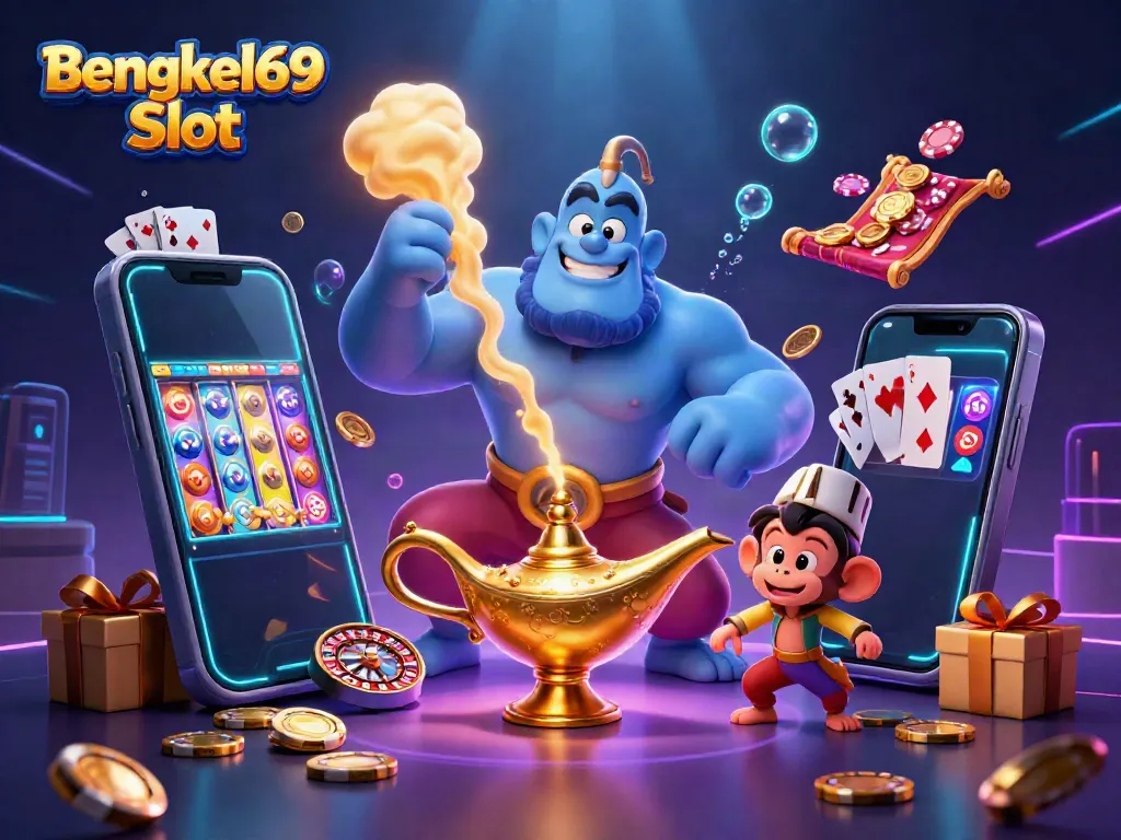Experience the thrill of winning with Bengkel69 Slot, featuring vibrant gaming elements and a magical, dynamic scene.