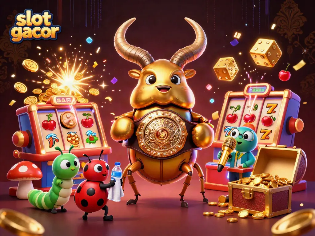 Experience the excitement of slot gacor with a dynamic scene featuring a giant stag beetle and casino icons.
