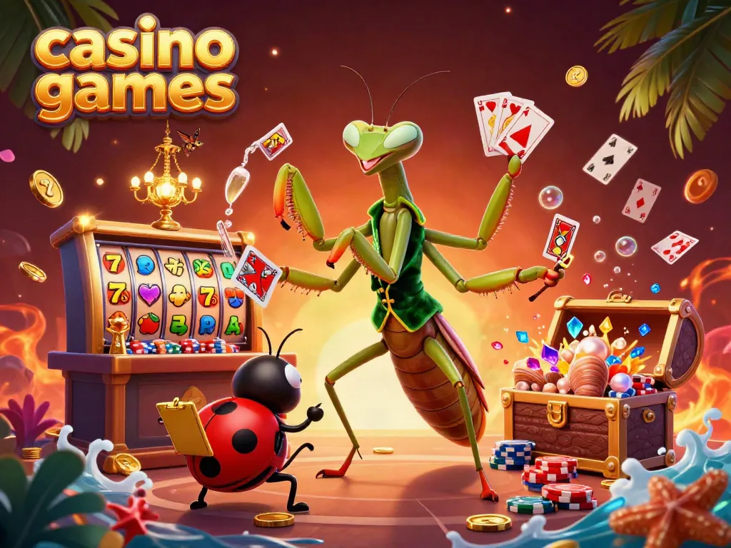 Experience thrilling casino games featuring a giant mantis and ladybug in a dynamic setting