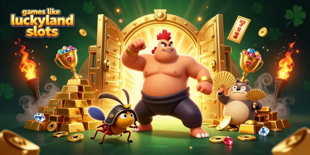 Engage with thrilling games like LuckyLand Slots, dynamic 3D action illustration featuring cartoon characters and casino elements.
