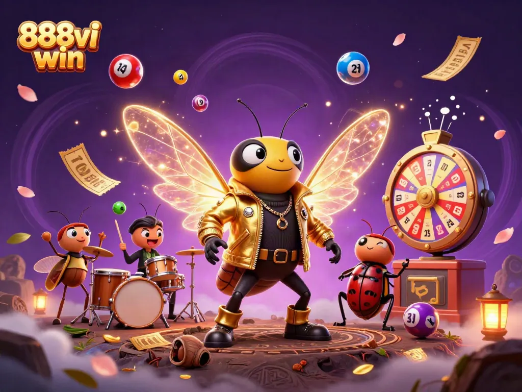 Experience the thrill of 888vi win with a vibrant casino scene featuring a rock star, pulsating lottery elements, and dynamic energy.