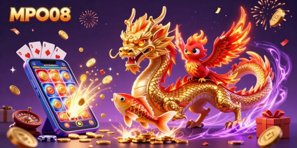 Experience the excitement of MPO08 with vibrant casino elements and mythical creatures in this thrilling illustration.