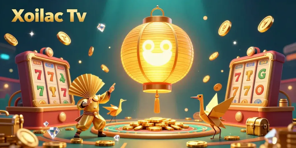 Xoilac Tv captivating sports betting scene with vibrant atmosphere, golden treasures, and dynamic characters.