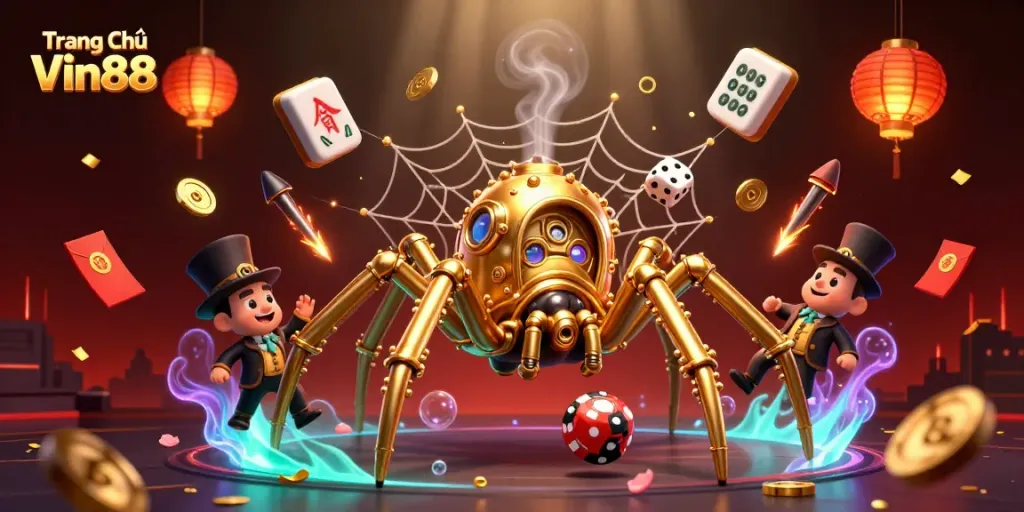 Engaging scene of Trang Chủ Vin88 with a golden spider creating a web of gaming riches amidst vibrant casino elements.