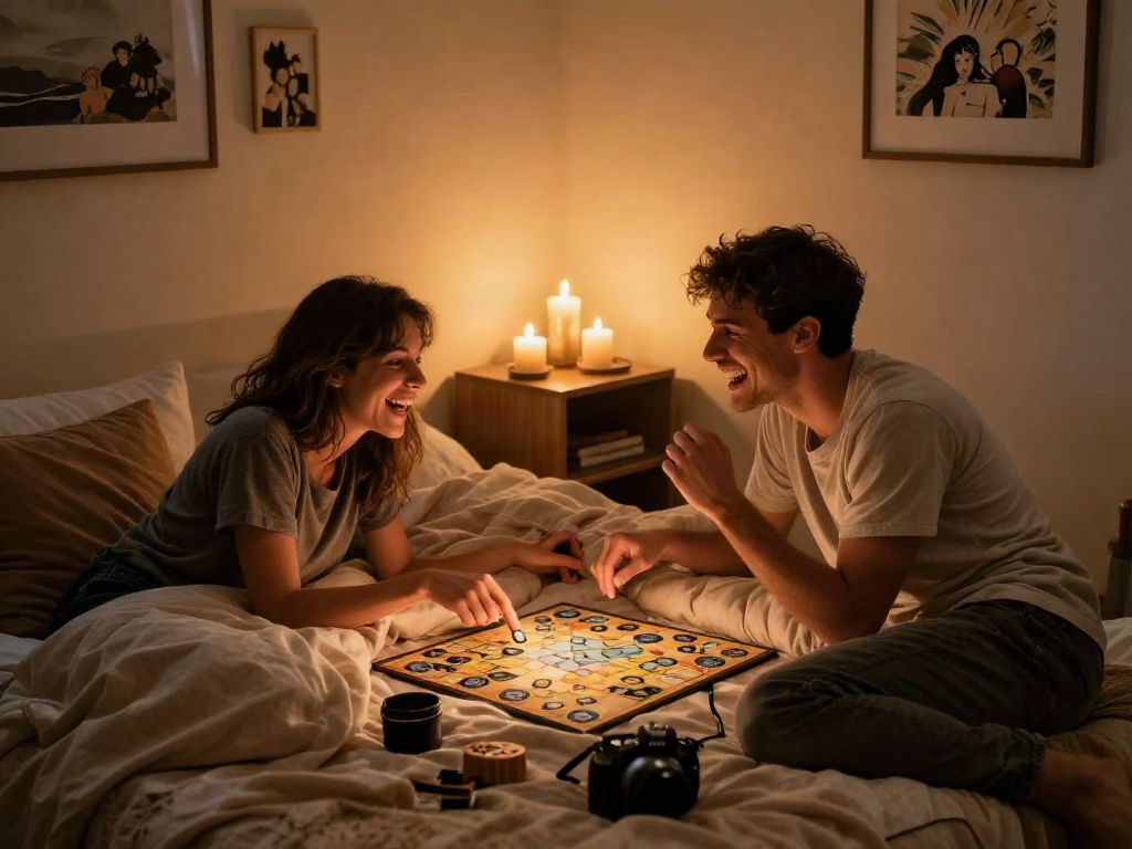 Couple enjoying sex games in a cozy bedroom, emphasizing playful intimacy and romantic connection.