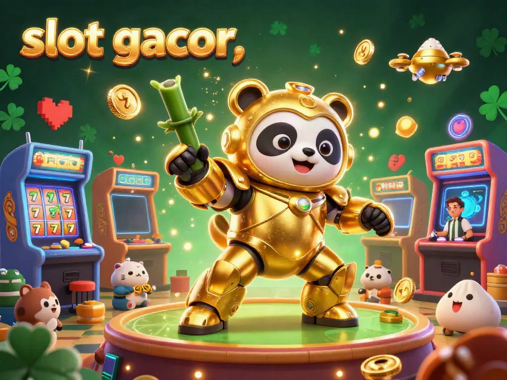 Experience the thrilling slot gacor scene with a mech-suit golden panda amidst vibrant casino elements.