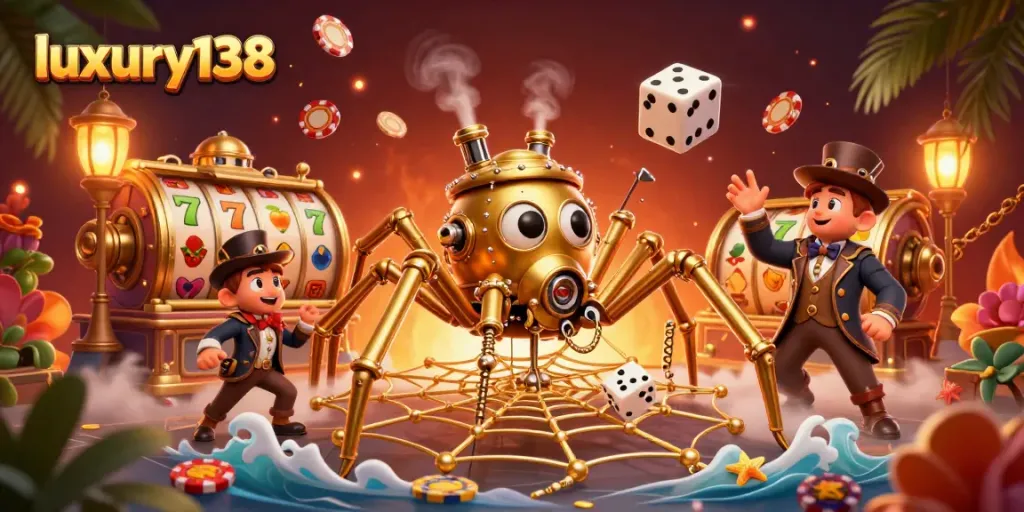 Engage with luxury138 through a vibrant scene of a steampunk spider, slot reels, and poker elements.