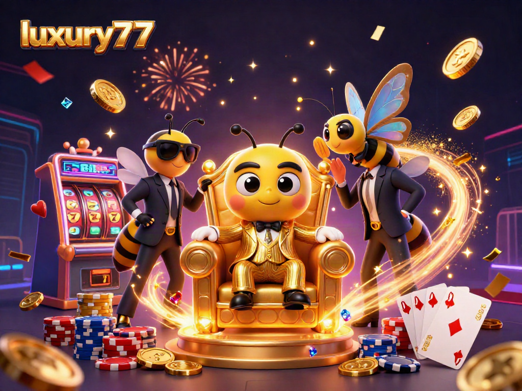 Permainan luxury777 dengan slot mesin, ratusan koin emas, dan efek cahaya berkilauan.
