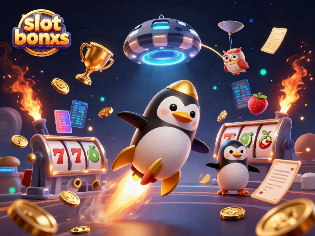 Engage with slot bonus action as a golden penguin navigates a casino-themed space setting.