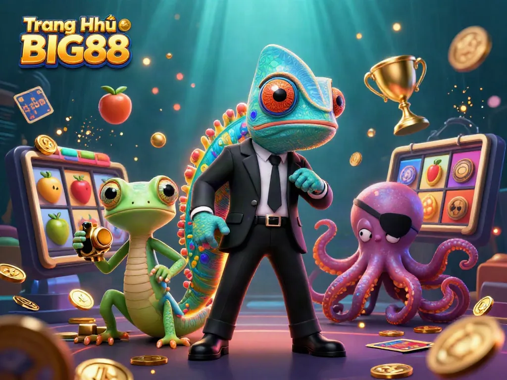 Experience thrilling wins at Trang Chủ BIG88 with a colorful 3D casino scene featuring vibrant characters and game elements.