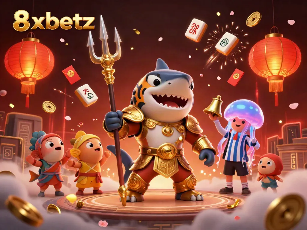 Experience thrilling gameplay at 8xbetz with an underwater colosseum scene featuring a fierce tiger shark, lively fish, and vibrant casino elements.