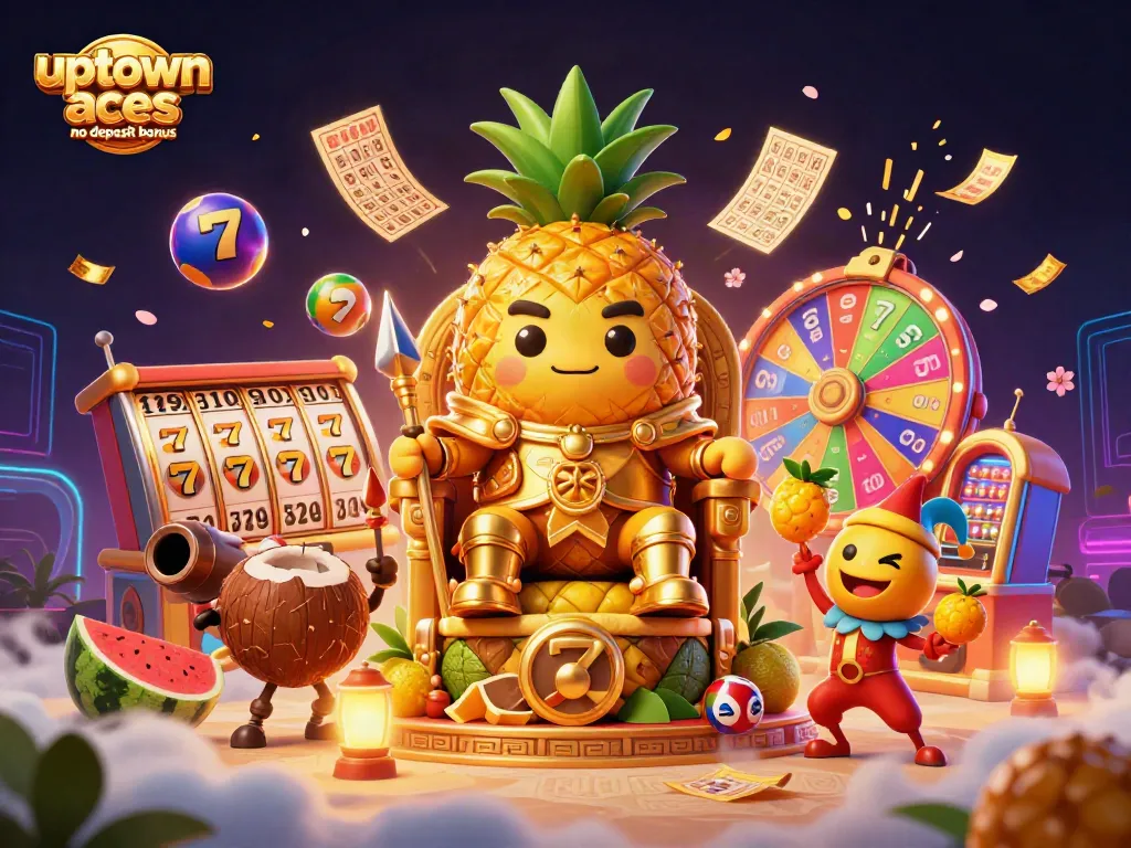 Engage with the uptown aces no deposit bonus, showcasing a vibrant casino scene filled with colorful elements and joyful characters.