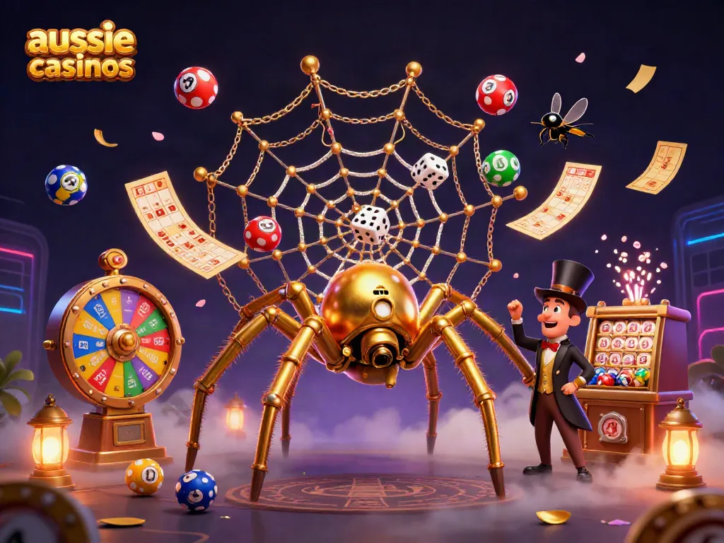 Engaging illustration showcasing aussie online casinos with themed characters, dynamic lottery elements, and a vibrant atmosphere.