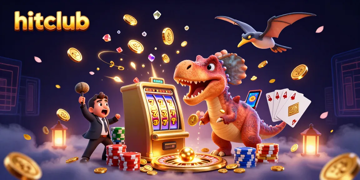 Hitclub's pachycephalosaurus celebrates a jackpot win at a casino, surrounded by vibrant gaming elements.