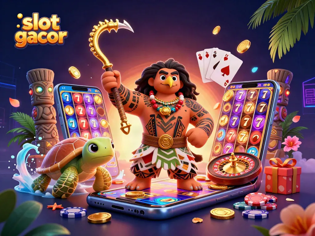 Experience high-energy slot gacor action with a colorful 3D casino illustration featuring dynamic gaming elements.