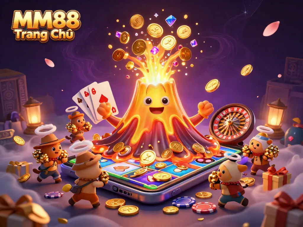 Experience the thrill of MM88 Trang Chủ with a vibrant casino-themed illustration featuring treasures and lively gaming elements.