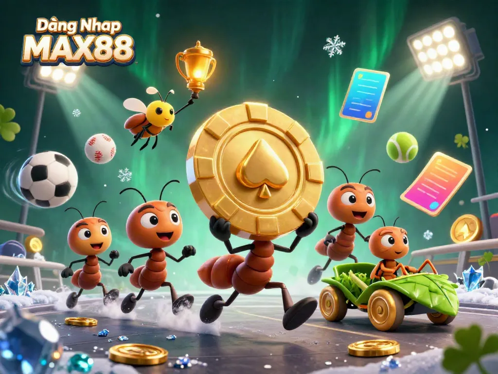 Engage in exciting gameplay with Đăng Nhập MAX88 featuring ants executing a casino heist with golden poker chips.