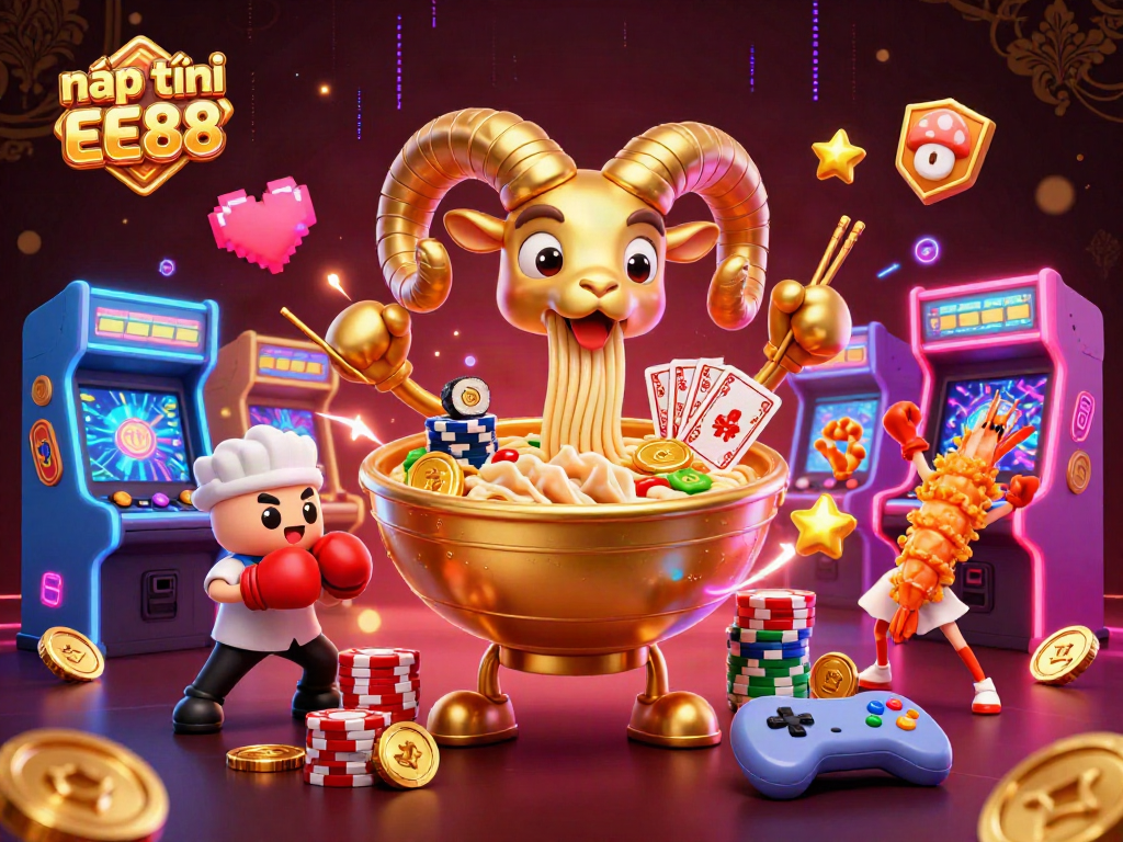 Nạp tiền EE88 with a vibrant illustration of a ramen bowl character, gyoza, and sushi dealer amidst casino games.