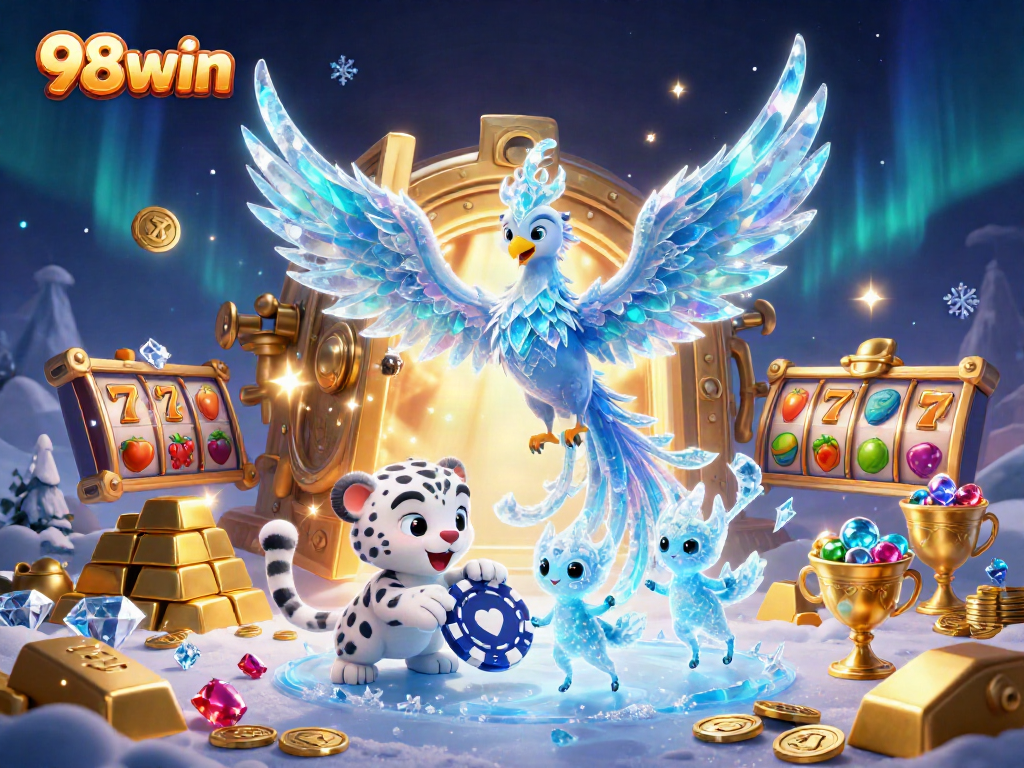 Experience thrilling moments at 98win with an ice phoenix and gems in a vibrant casino scene.