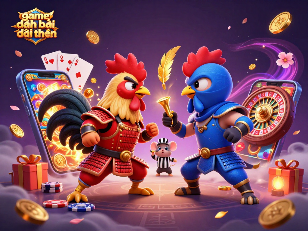 Engaging scene showcasing game đánh bài đổi thưởng with cartoon roosters, casino elements, and thrilling action.