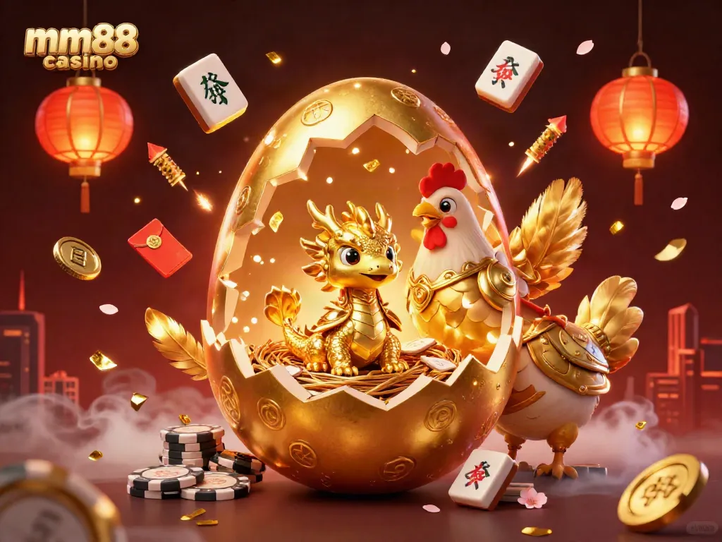 Experience the thrill at mm88 casino with a vibrant 3D illustration showcasing a golden dragon in a dynamic gambling scene.